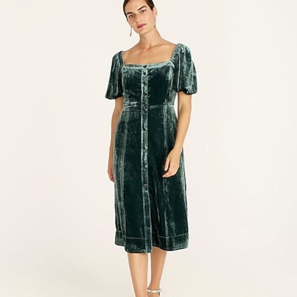J. Crew Puff Sleeve Velvet Button Front Dress - Picture 1 of 12